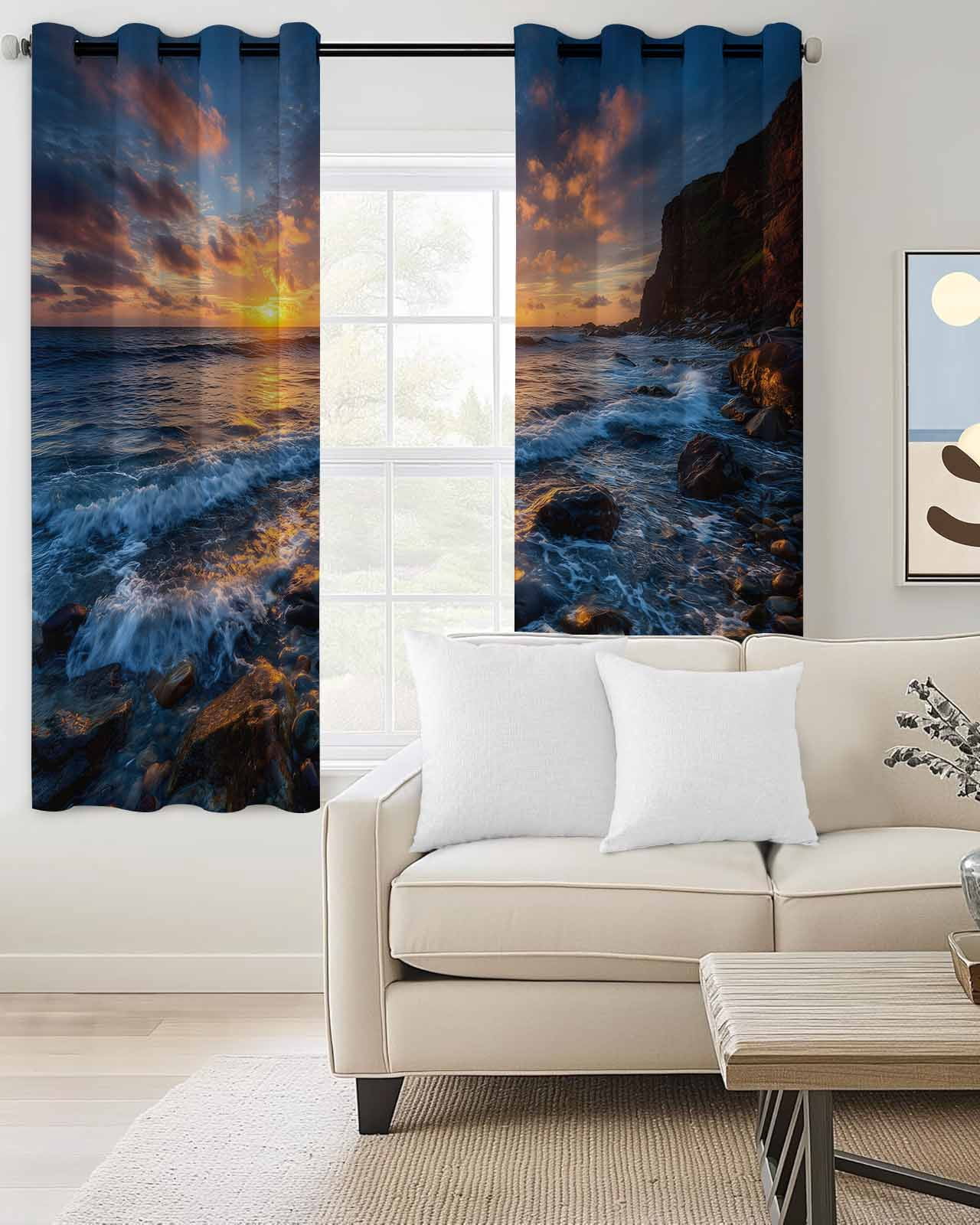 Beach Reef Blackout Curtains for Bedroom Living Room, Country Sunset Ocean Waves Reef Beach 39 In Long Thermal Insulated Room Darkening Drapes Grommet Window Treatments, 27.5 x 39 In