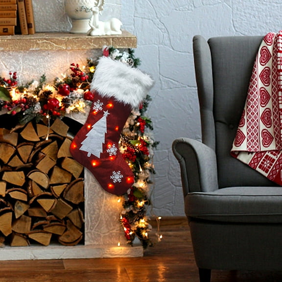 18 Inch Light Up Christmas Stocking - Red Linen Embroidered LED Holiday Sock for Fireplace Mantel Decor Red