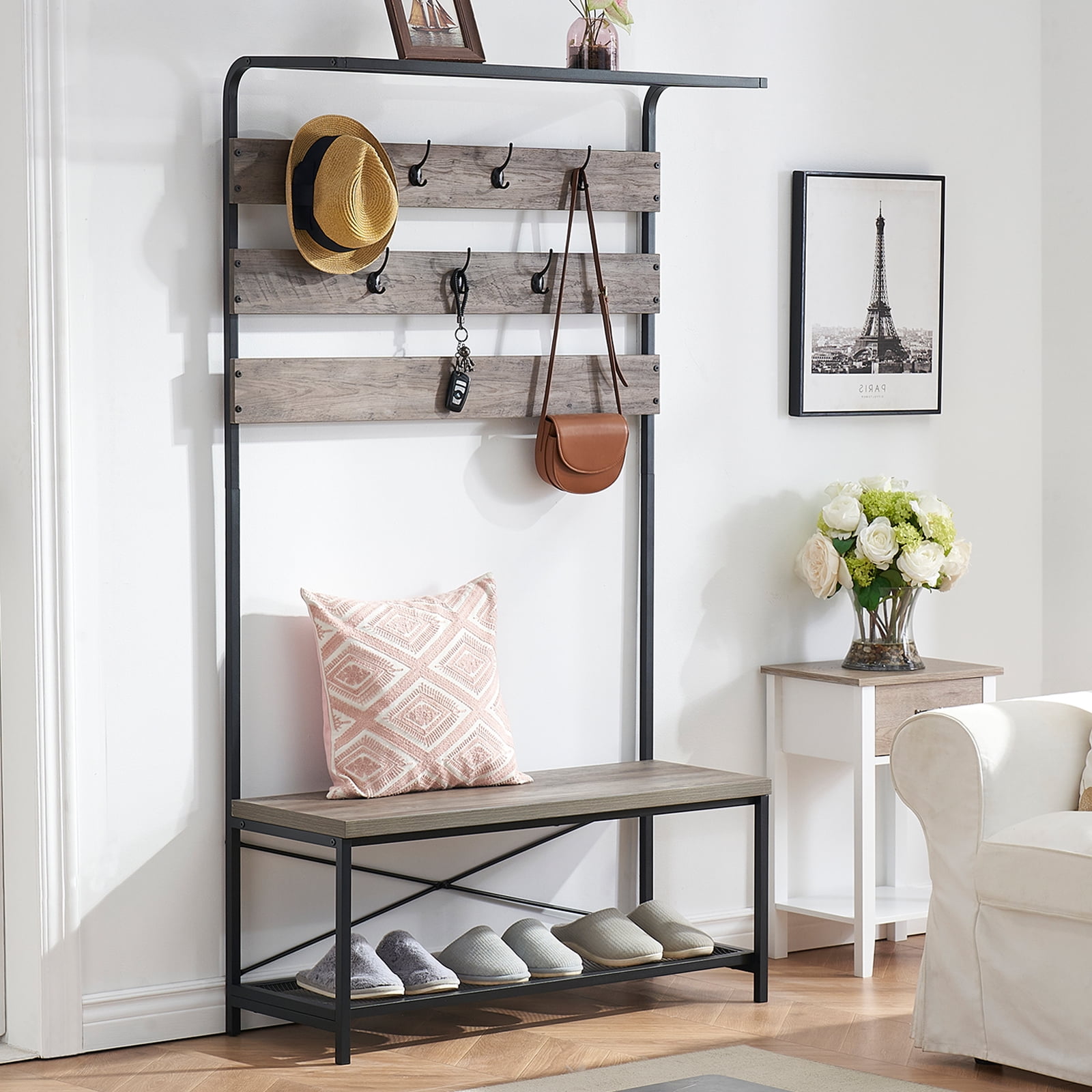 LIFUSTTG Coat Rack Shoe Hall Tree with Storage Bench