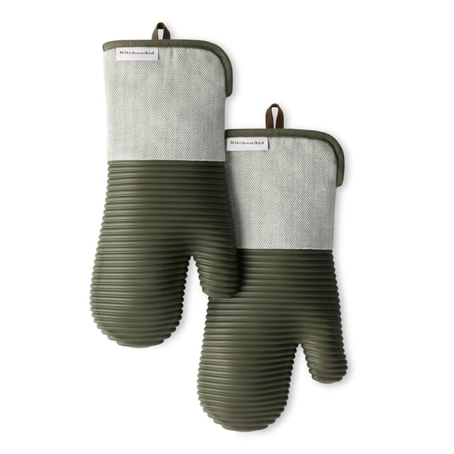 KITCHENAID® Evergreen Design Series Herringbone Ribbed Soft Silicone Oven Mitts 2-Pack Set, Heat Resistant up to 500°F, Fle