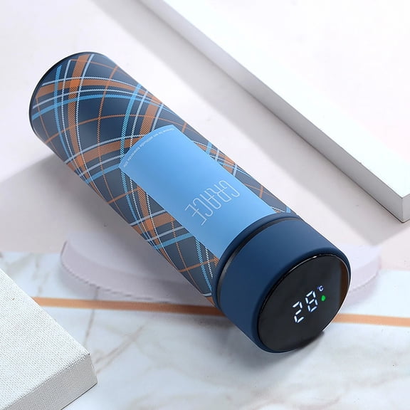 500ml Checkered Stainless Steel Creative Smart Thermos Bottle Temperature Display Thermal Mug Leak Proof Coffee Cup, Milk Cup