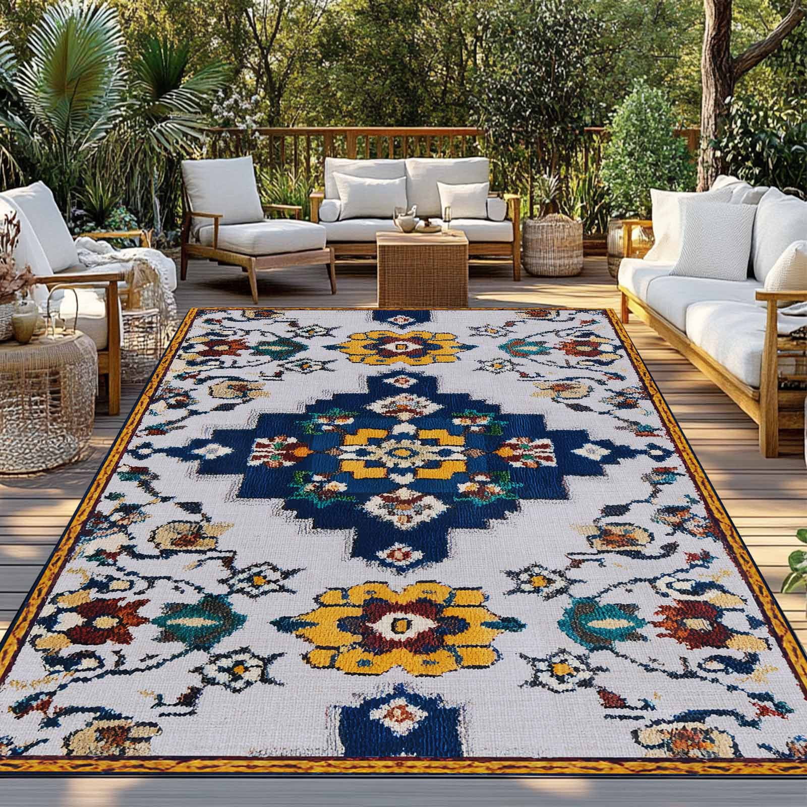 Fsddascl Blue Grey Boho Outdoor Rug for Patio/Deck/Porch, Non-Slip Large Area Rug 4 x 6 Ft, Retro Traditional Oriental Boho Tribal Indoor Outdoor Rugs Washable Area Rugs, Camping Rug Carpet