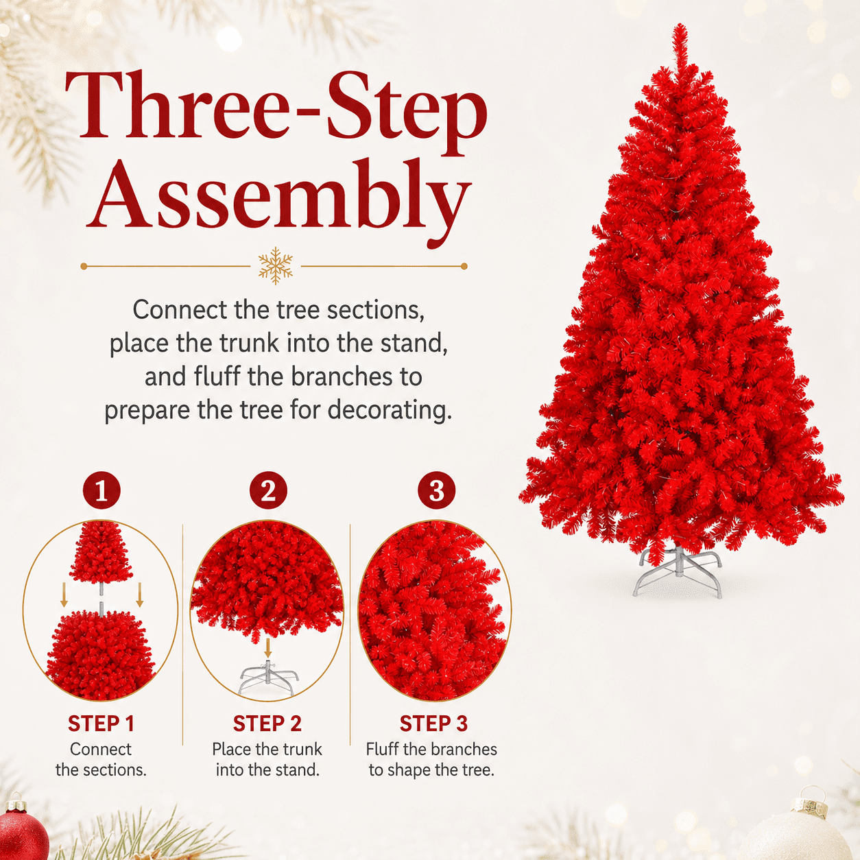 Alvantor 6 ft Red Unlit Artificial Christmas Tree with 800 PVC Branch Tips, Hinged Design and Metal Stand