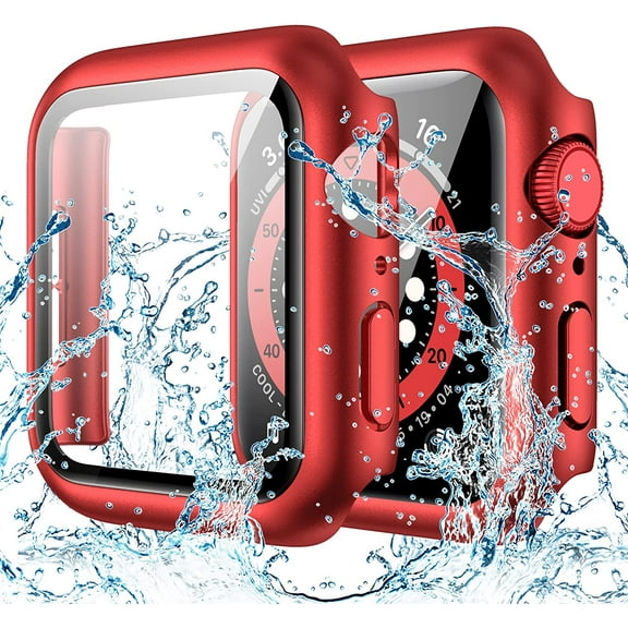 Waterproof Case Compatible with Apple Watch 44mm SE Series 6 5 4 with Tempered Glass Screen Protector, iWatch Full Protective Hard PC Bumper Case Face Cover for Men Women (44 mm,Red)
