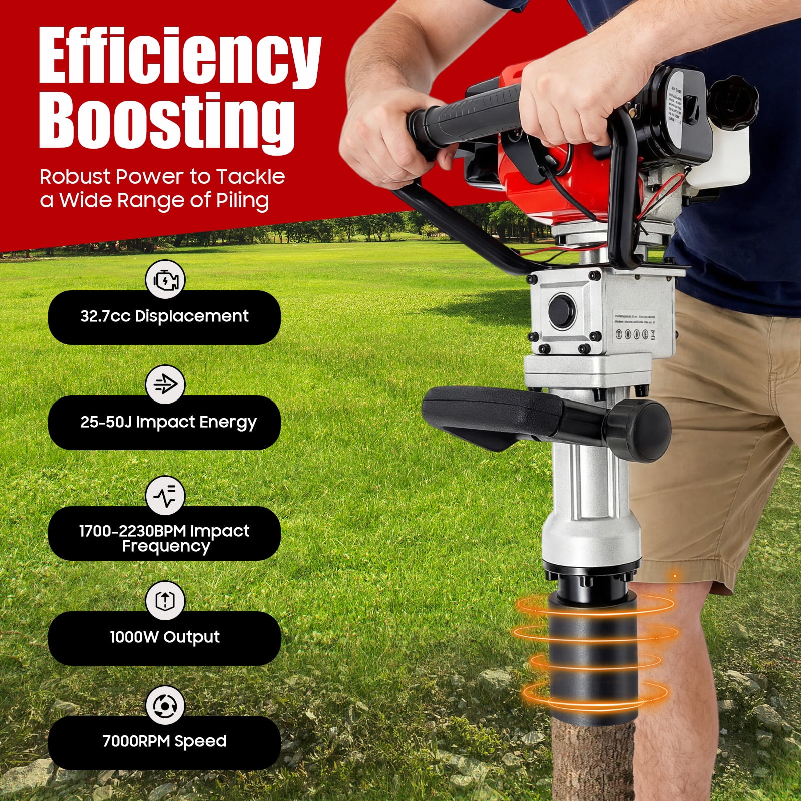 Miumaeov 2-Stroke Gas Powered T Post Driver 32.7CC 1000W Gas Powered Pile Driver 2 IN 1 Fence Post Driver with Air Cooled T Post Driver Hammer Drill with Conversion Head, Chisel & 2 Sleeves