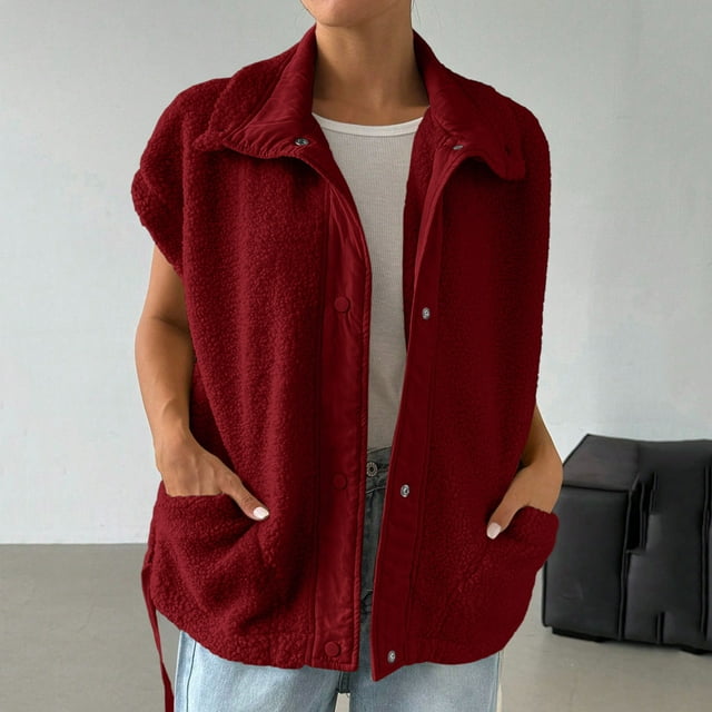 Mevxay Gilet en Molleton Duveteux pour Femmes, Veste Sherpa Décontractée Ample Sans Manches à Boutons, Col à Revers, Gilet Chaud avec Poches pour l'Automne/hiver Rouge TG