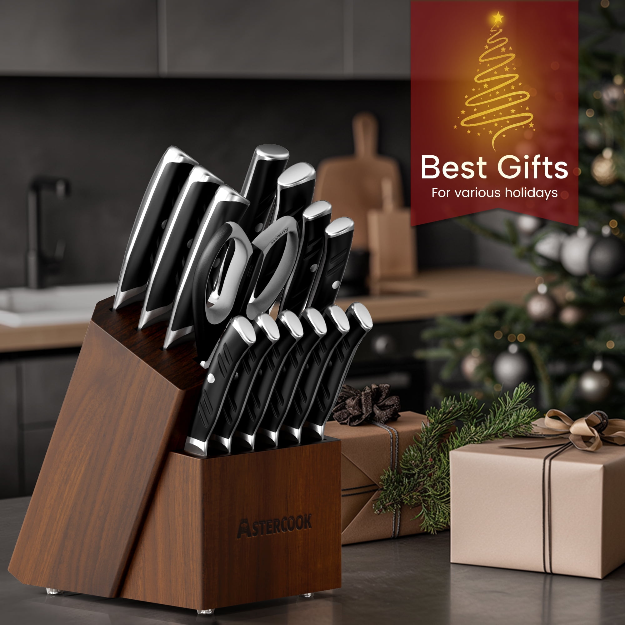 Astercook 14-Piece Kitchen Knife Set with Block & Bulid-in Sharpener, German 1.4116 Stainless Steel Knife Block Set, Full Tang Knives Sets, Anti-slip Ergonomic Handle & Dishwasher Safe Black