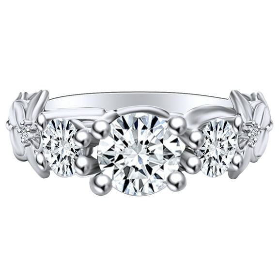 AFFY 1.52 Carat Round Shape Moissanite & Natural Diamond Three Stone Engagement Ring 14K Solid White Gold Ring Size-5