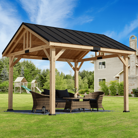 Yoleny 11x12 Ft Hardtop Gazebo, Spruce Wood Solid Wood Gazebo, Waterproof Asphalt Roof, For Patio, Lawn, Garden, Easy Installation