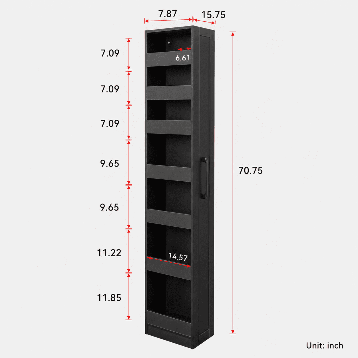 Aukfa 7-Tier Slim Rolling Pantry Cabinet, 68.3" Narrow Pull-Out Kitchen Storage Cart with Handle and Casters,Black