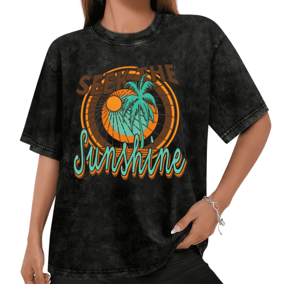 UNISHE Women's Retro Sunshine Palm Tree Print Washed Cotton T-Shirt Crew Neck Loose Casual Graphic Tee