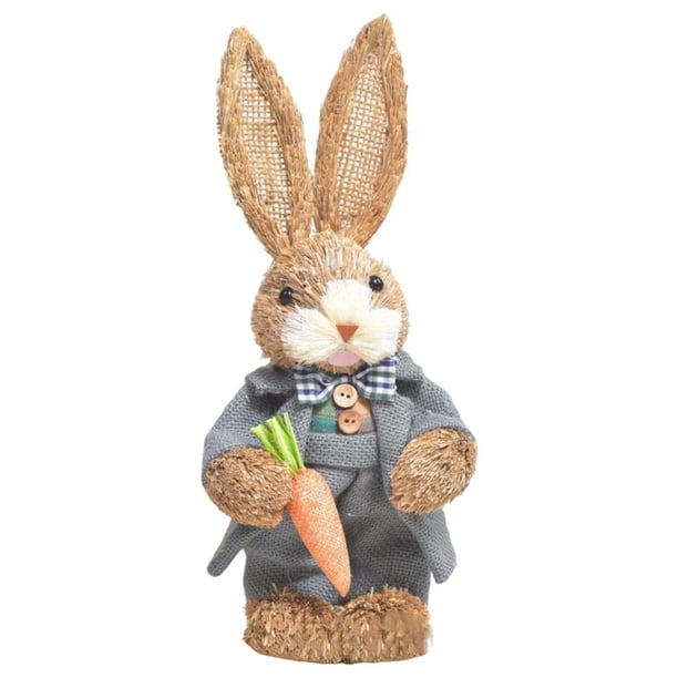 Estatuilla de Conejito Tejido de Paja Conejo de Pascua con Muñeca de Zanahoria gris