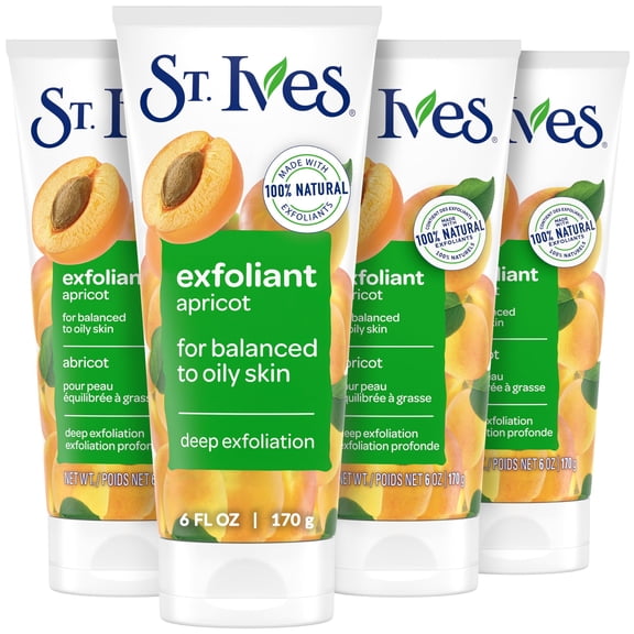 St. Ives Fresh Skin Apricot Face Scrub, Deep Exfoliator Skin Care for Clean, Glowing Skin, Oil-free Facial Scrub Made with 100% Natural Exfoliants, 6 oz, 4 Pack