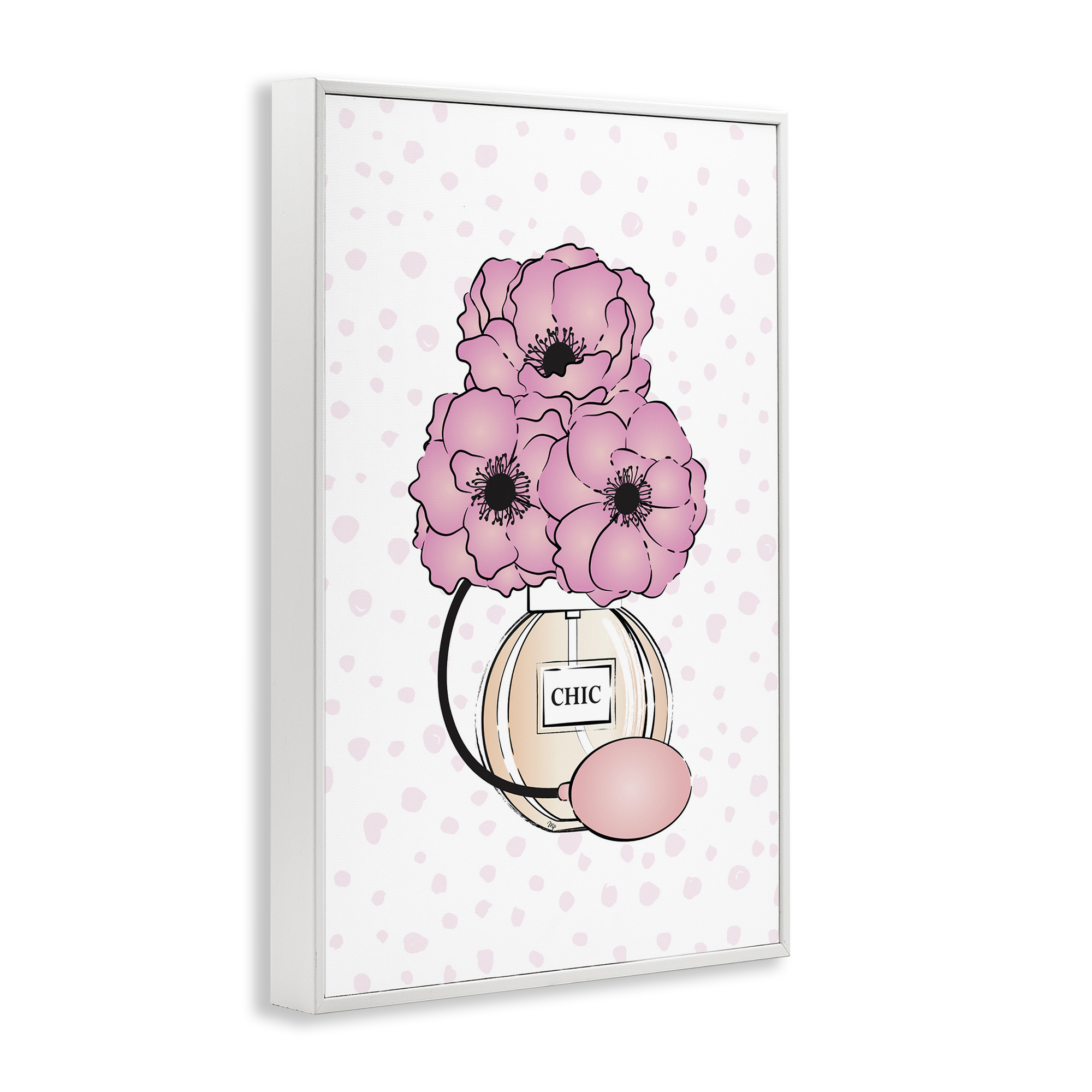 Stupell Industries Pink Florals in Perfume Botanical & Floral Painting White Framed Art Print Wall Art, 12 x 18