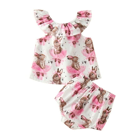 

ZHUASHUM 0-18M Kids Baby Girls Easter Rabbit Printed One Shoulder Top Sleeveless Shorts Pants Two Pieces Outfits Set