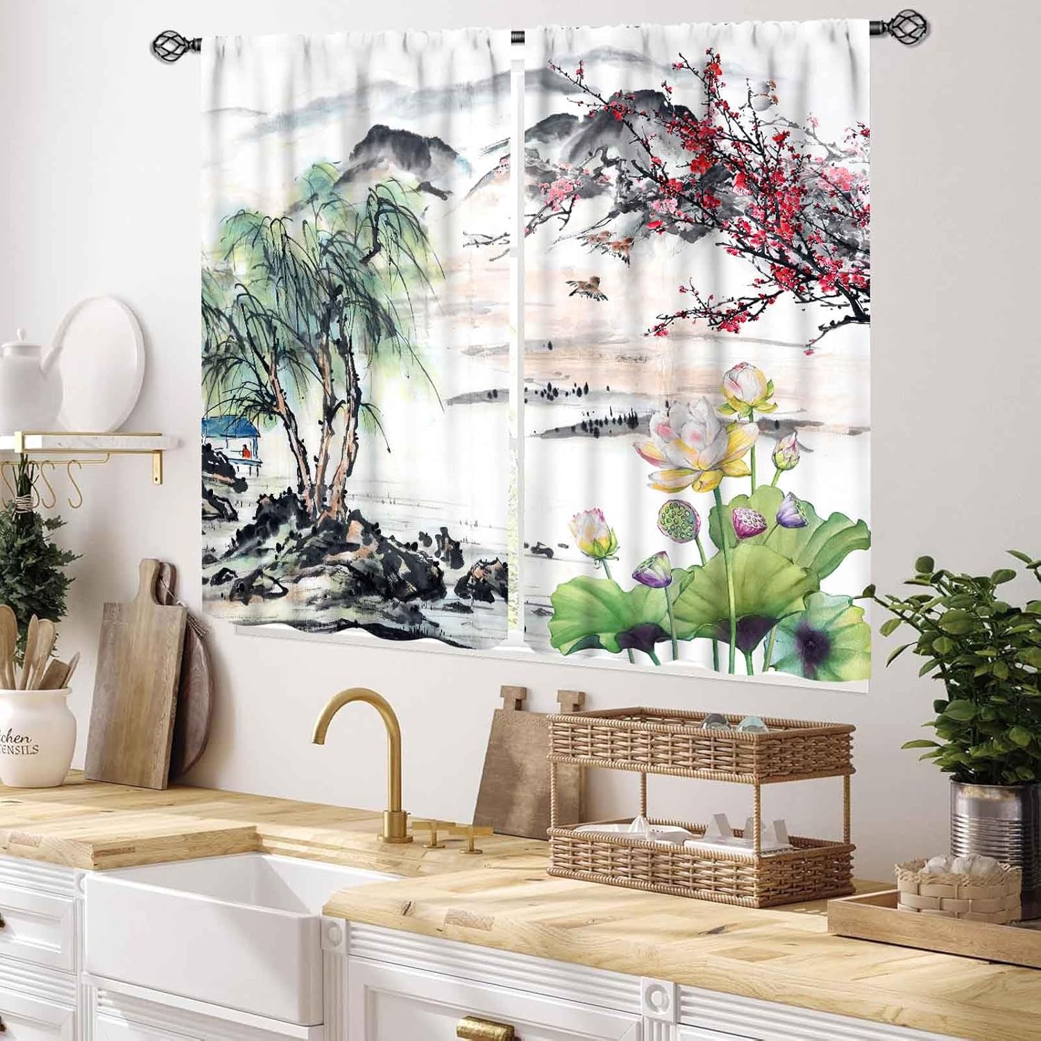 Asian Curtains for Bedroom, Traditional Ink Painting Nature Landscape Mountains Cherry Blossoms Floral Oriental Art Japanese Style Kitchen Living Room Bathroom Window Drapes Curtains Set, 55x39 Inch