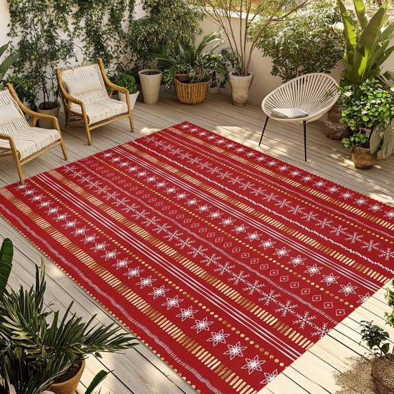 Fsddascl Red Christmas Outdoor Rug for Patio/Deck, Non-Slip Large Area Rug 5 x 8 Ft, White Winter Snowflake Yellow Geometric Abstract Indoor Outdoor Rugs Washable Area Rugs, Camping Rug Carpet