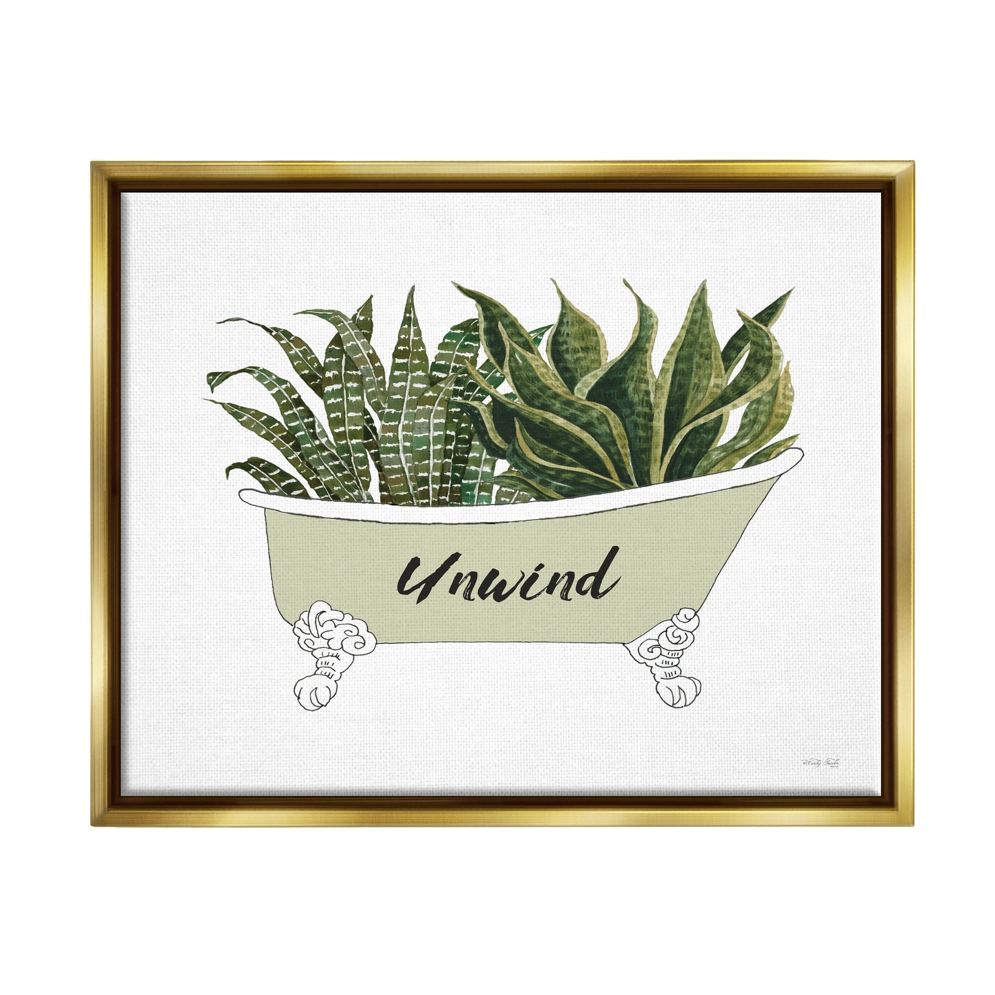Stupell Industries Snake Plant in Tub Unwind Bath Typography Graphic Art Metallic Gold Floating Framed Canvas Print Wall Art, Design by Cindy Jacobs