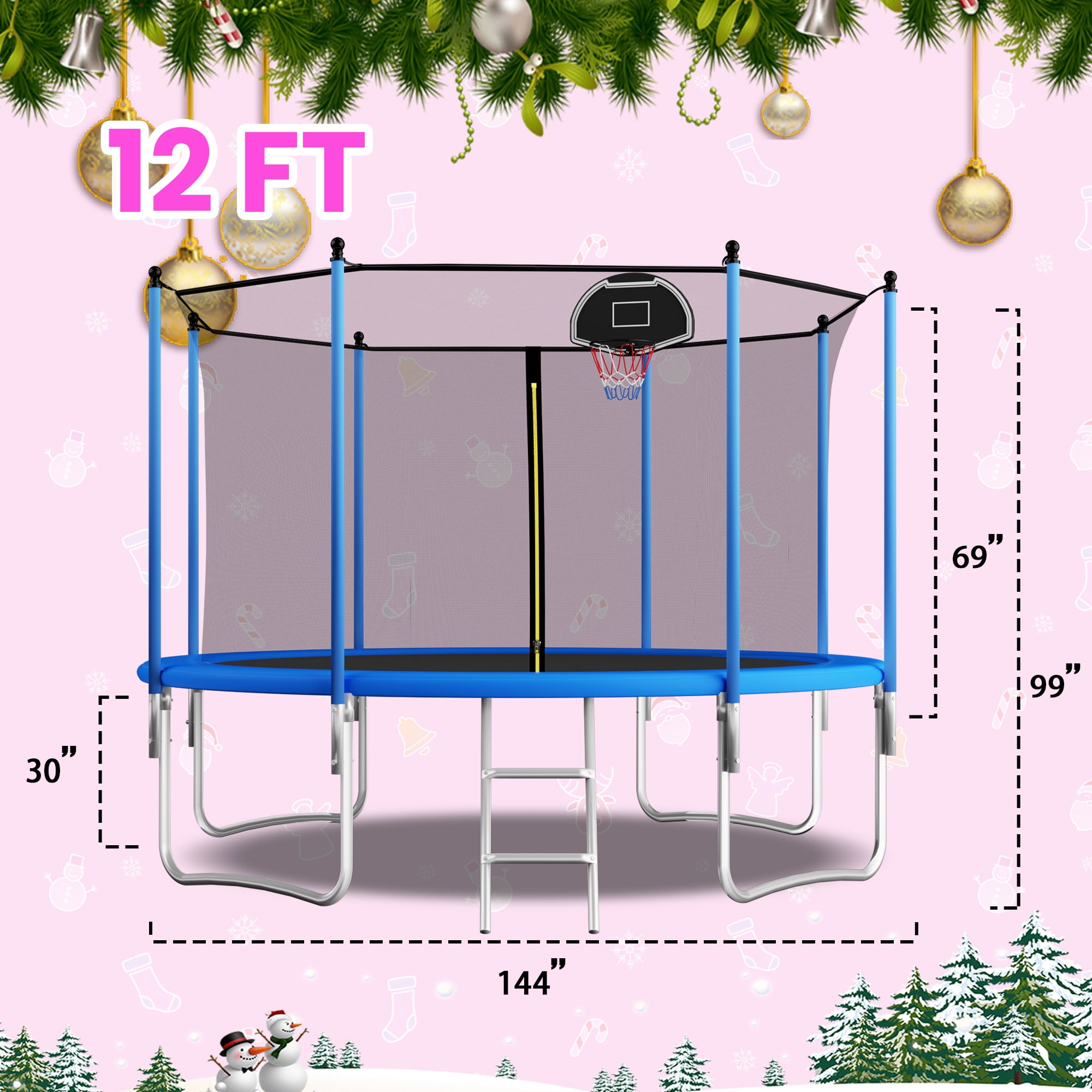 Shengchao Trade 1000LBS 12FT Trampoline for Adults and Kids,Trampoline with Enclosure,Basketball Hoop, Light,Recreational Trampoline with Ladder, Heavy Duty Trampoline Capacity for 4-6 Kids