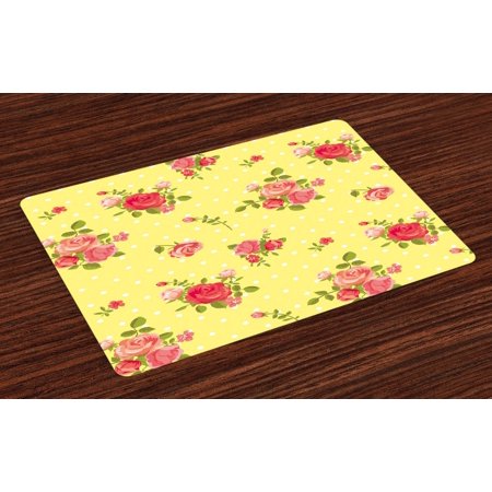 

Rose Placemats Set of 4 Old Fashioned Pattern Feminine Romantic Bouquets Corsage on Dotted Backdrop Washable Fabric Place Mats for Dining Room Kitchen Table Decor Yellow Coral Green by Ambesonne