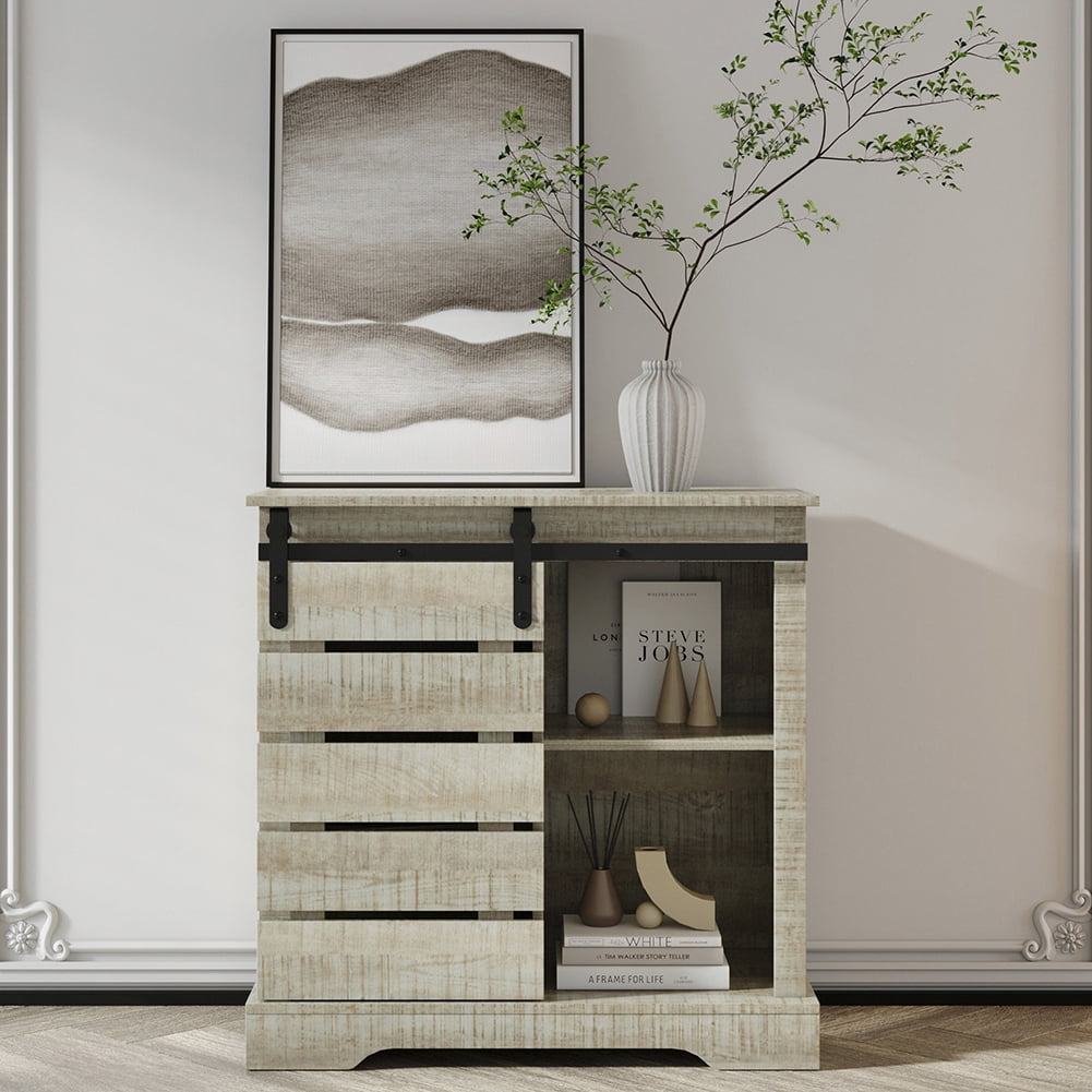 Kadyn Cabinet Buffet Sideboard, Kitchen Storage Cabinet with Sliding Barn Door and Interior Shelves, Farmhouse Storage Cabinet Sideboard for Kitchen, Gray