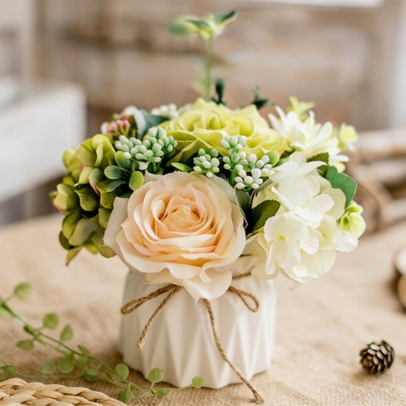 Hometravel Artificial Rose Bouquet, Silk Flowers Arrangement in Small Ceramic Vase, Realistic Fake Flower Decoration for Table, Home, Office, Dining Room, and Wedding Decor