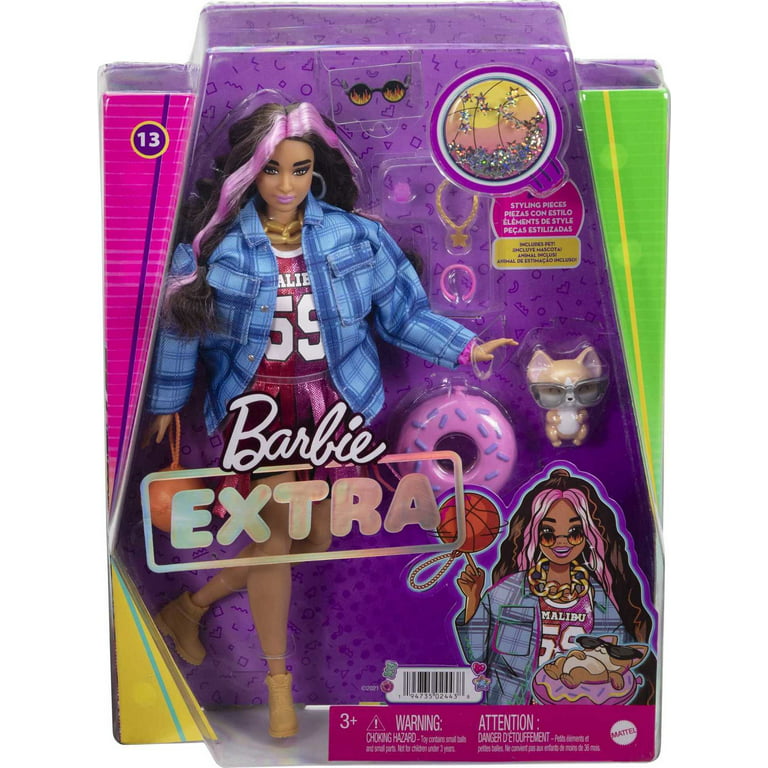 Barbie Extra Fashion Doll with Curvy Shape & Curly Blue Hair in Blue Jacket  with Accessories & Pet