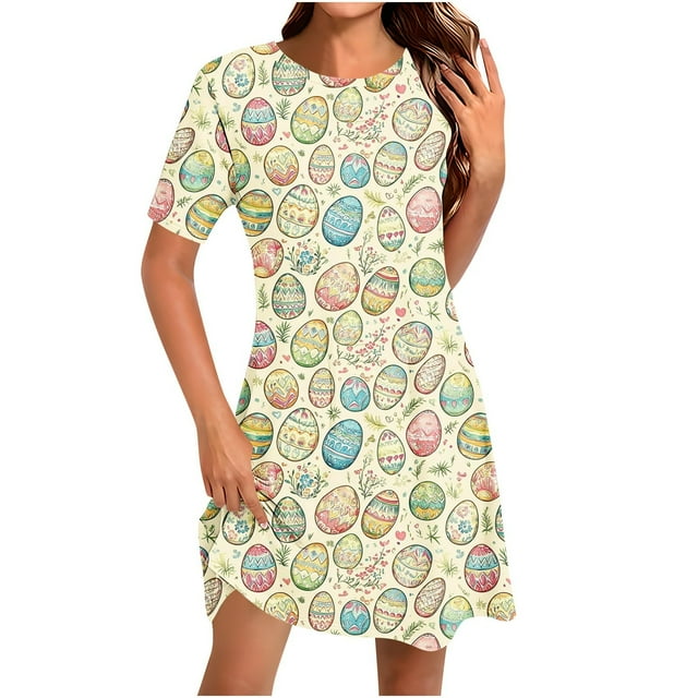 Vestido Corto para las Mujeres Cuello Redondo Manga Corta Impresa Suéter, Moda Casual Estilo Línea