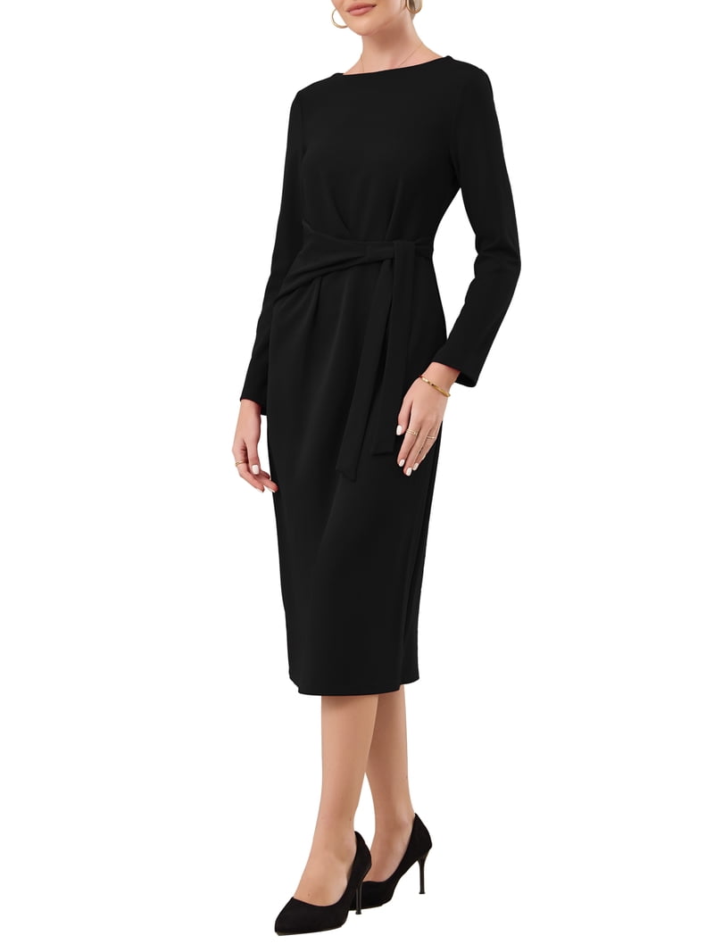 Inspire Chic Women's Knee Length Pencil Dress Long Sleeve Tie Waist Church Work Sheath Dresses S Black Inspire Chic Women's Knee Length Pencil Dress Long Sleeve Tie Waist Church Work Sheath Dresses S Black