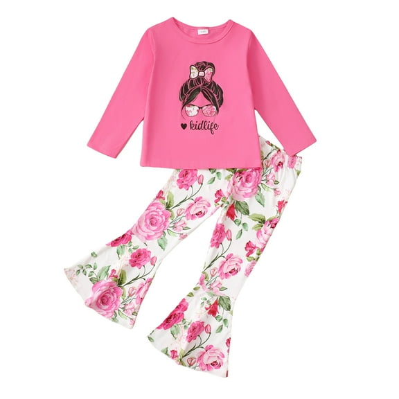 3T Baby Girls Clothes 4T Girls 2PCS Fall Winter Outfits Set Letter Print Round Neck Toddler Girls Long Sleeve Top Bell-bottomed Pants Set Pink