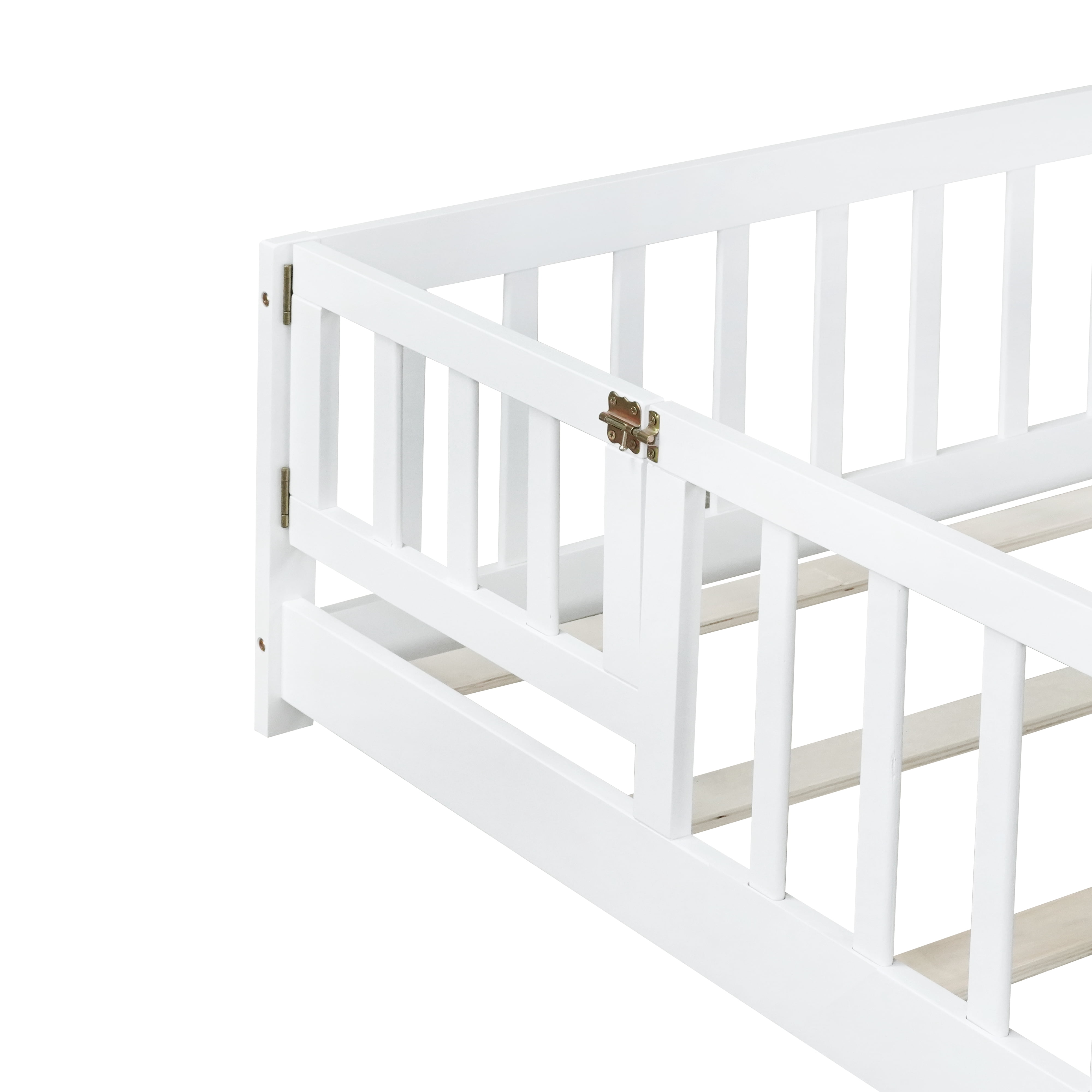 Miniyam Full Size Floor Bed with Guardrails and Door for Kids, White