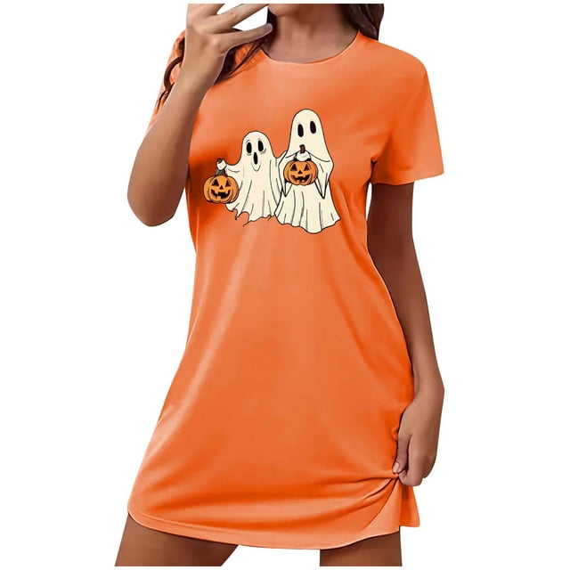 Sakmal Nuisettes Ultra Douces pour Femmes Orange Extensibles Grande Taille Pyjama d'Halloween Robe de Nuit Imprimé Fantôme Courte Col Rond Manches Courtes Nuisettes P-2TG