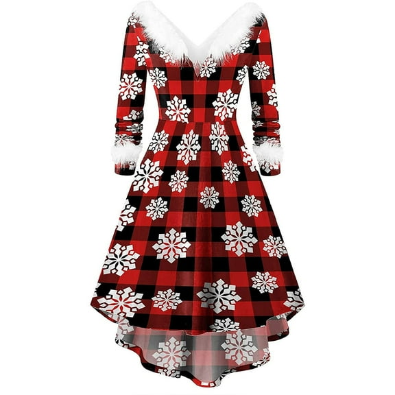 Odeerbi Christmas Dresses for Women 2025 Vintage Swing Prom Party Dresses Collar Red Plaid Draped Fishtail V Neck Dresses