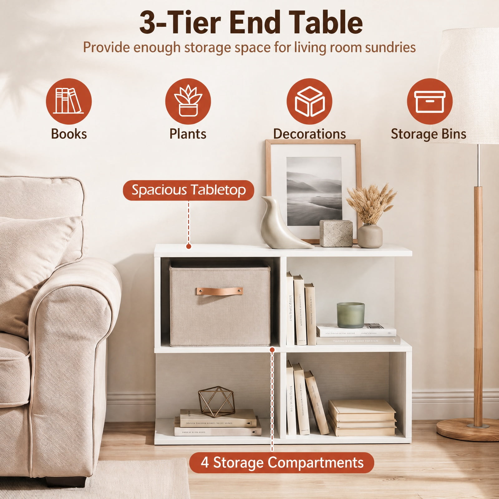 Furnibear 3 Tier S Shaped End Table with 4 Storage Cubes and Spacious Tabletop for Living Room Sofa Side and Bedroom, White