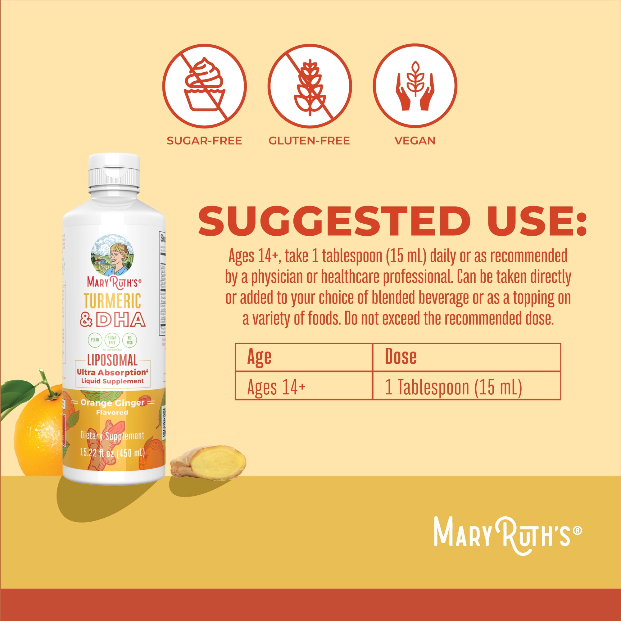 (2 pack) MaryRuth's Curcumin and DHA Liposomal Herbal Supplement Mood Balance Joint Support Vegan Sweet Ginger Heart Health, Ages 14+, Unisex, 15.22 fl oz