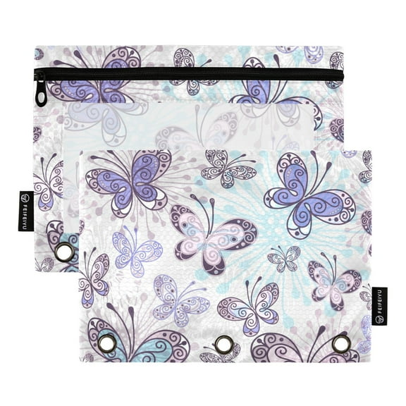 2 Pack Pencil Pouch for 3 Ring Binder Purple Butterfly Pencil Case Clear Window Zipper Pencil Bag Organizers