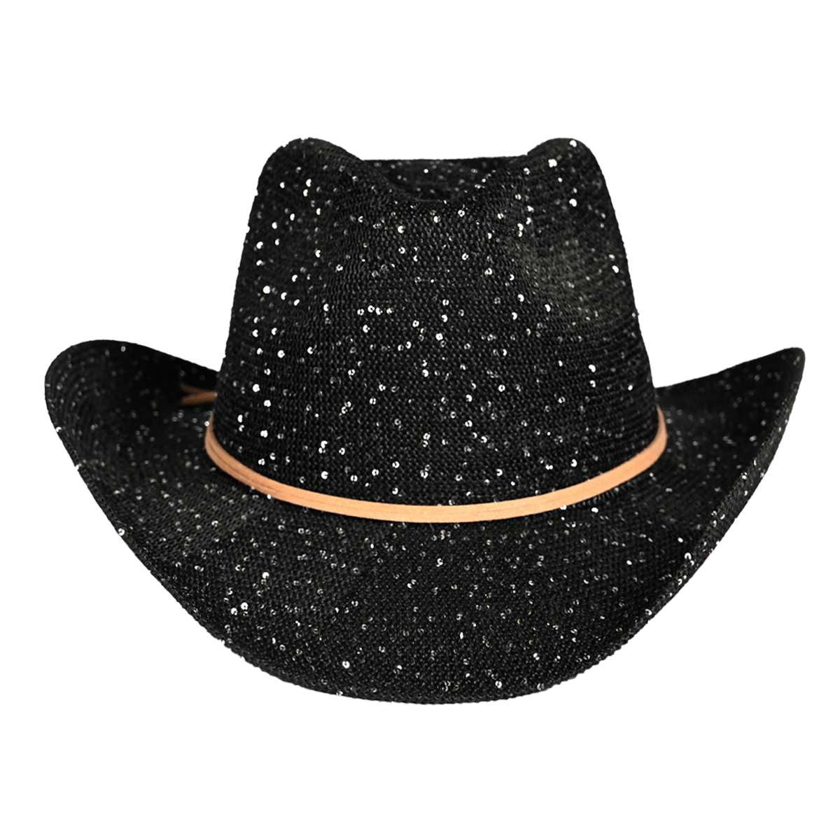 Sparkly Sequin Cowboy Hat with Suede String Trim - Shapeable & Packable Sequin Suede String Cowboy Hat | Tassel Detail Western Hat  main image 2