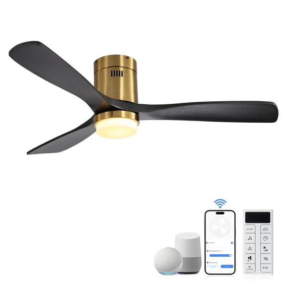 Sofucor 52" Flush Mount Smart Ceiling Fan with Lights, Solid Wood Matte Black and Gold Blades, Compatible with Alexa/Google/App, 3-Color Light 6-Speed Timing Reversible DC Motor
