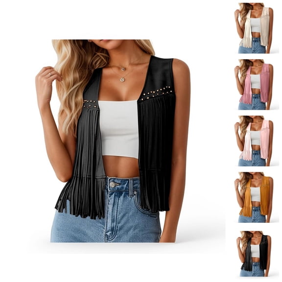 Fringe Vest Women Western Cowgirl Jacket 70s Hippie Suede Rivet Open Front Outerwear Country Concert Tops