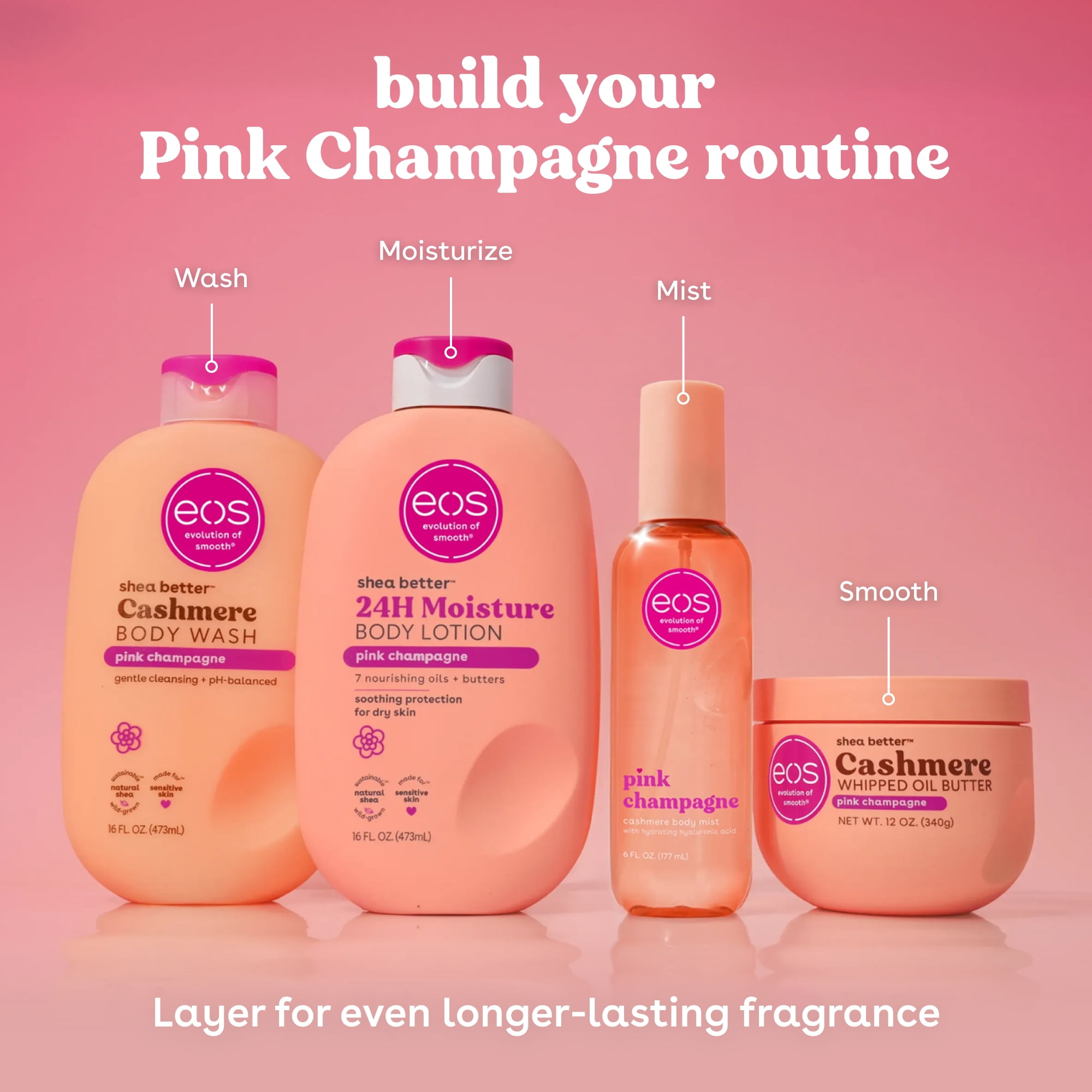 eos Pink Champagne Whipped Body Butter, 72 Hour Moisturizing Body Butter for Dry Skin with Shea, Cocoa & Argan Oil, 12 oz