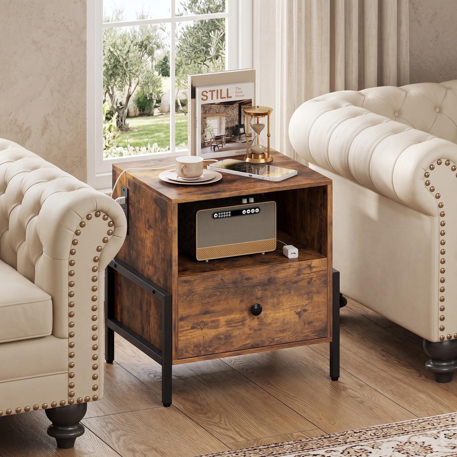 Furnibear Industrial Nightstand with Charging Station and Drawer, Sofa Side Table with Open Compartment and Metal Frame for Bedroom, Rustic Brown