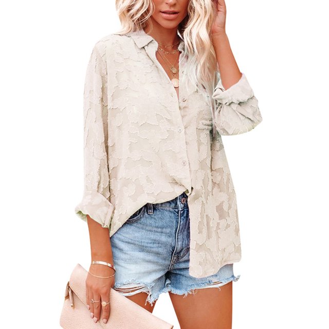 Sunloudy Camisas elegantes para mujer, blusa de gasa con botones de manga larga de jacquard de color puro Sunloudy S M L XL XXL