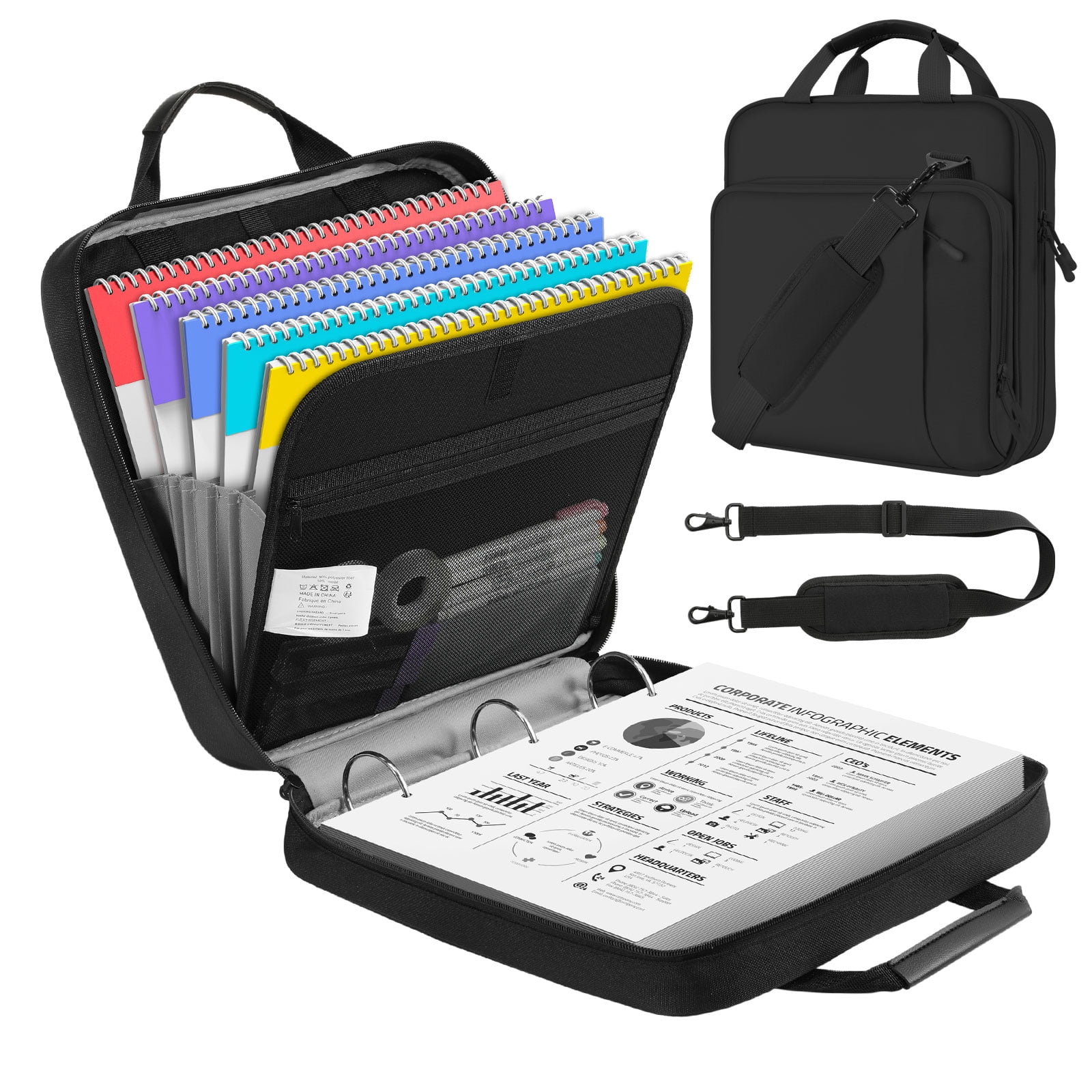 MoKo Zipper Binder with Strap Handle, 2 inch 3 Ring 500 Sheet Capacity Multi-Pockets Binder Organizer, School Office Supplies, Black