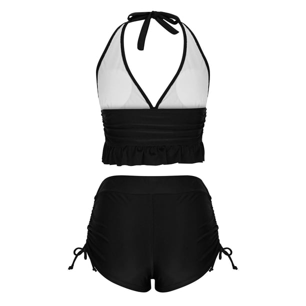 Trajes de Baño de Dos Piezas para Mujeres de Cintura Alta Trajes de Baño de Vendaje Sólido Cuello Redondo sin Negro, Conjunto de Playa Sexy