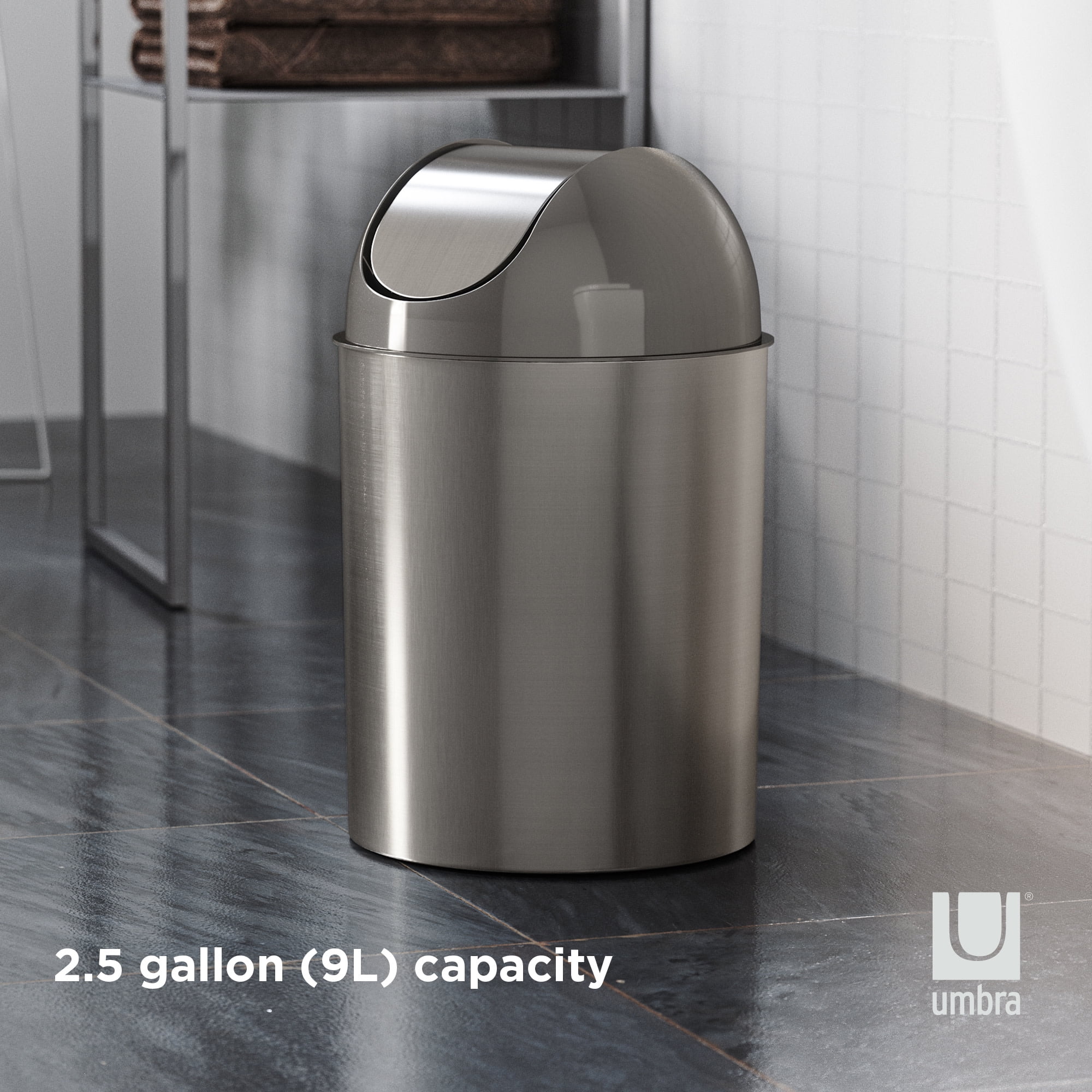 Umbra 2.5 Mezzo Plastic Swing Top Lid Bathroom Trash Can, Silver