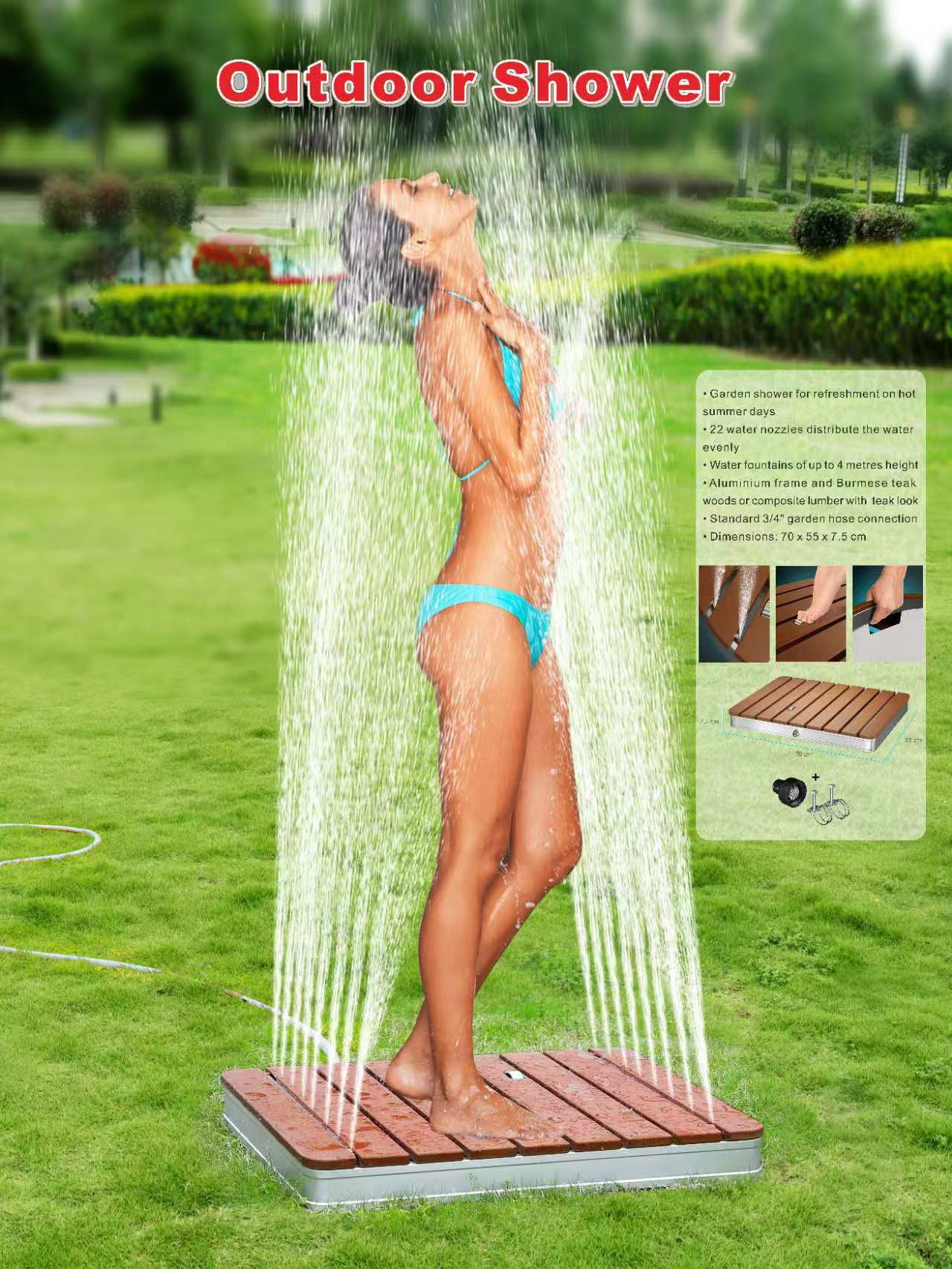 Rectangular Outdoor Shower Panel, Freestanding WPC & Aluminum Garden Shower with 22 Nozzles, High Pressure Portable Camping Shower