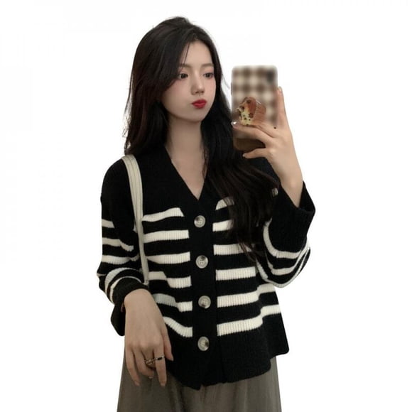 Autumn Women Ribbed Knit Cardigan Sweater Button Retro Striped Cardigan Coat Long Sleeve V-Neck Loose Casual Style Sweater