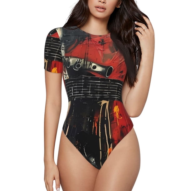 Balery Abstract Skull Guitar Art Body de cuello redondo de manga corta para mujer Tops de manga corta Tops básicos-XX-Large