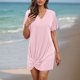 thumbnail image 1 of Traje de baño de bikini informal de color liso con escote en V y manga corta con trenzado lateral para mujer, camisa de playa de poliéster para mujer, 1 of 7