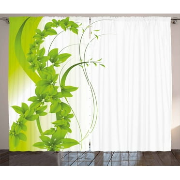 Ambesonne Green Curtains 2 Panel Set, Blooming Fantasy Flora, 108" x 90", Apple Green White